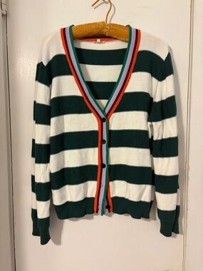Striped Green and White V-Neck Cardigan Sweater with Contrast Trim